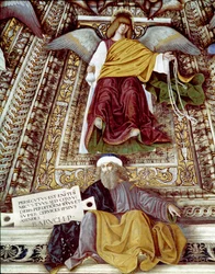 Representation of Baruch (Baruch ben Neria) disciple of Jeremiah and an angel. Fresco by Melozzo da Forli, Cupola of the sacristy of Saint Mark, sanctuary of the Santa Casa, Loreto