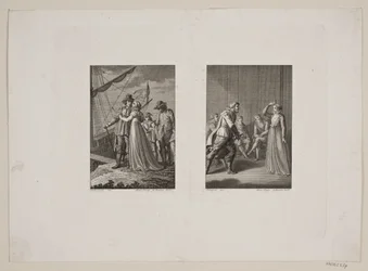 Farewell Scene at a Ship; A Man Drawing His Sword Before a Woman
