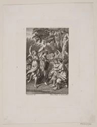 Illustration with Antique-Clad Festive People in a Garden