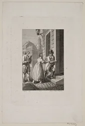 Illustration with a Woman Stopping a Gentleman at a Gate While a Servant Looks On