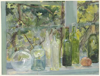 Windowsill with Bottles, a Glass Globe and an Apple