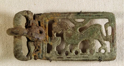 Merovingian art: belt buckle depicting a fantastic animal. Gaul, 6th century. National Museum of Archaeology, Saint-Germain-en-Laye