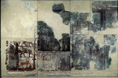Mesopotamia: palace of Zimrilim, painting of the investiture: representation of a winged bull, sphinx, griffon. Detached fresco dating from the reign of Zimri-Lim (ca. 1782-1759 BC) From Mari. Paris, Louvre Museum