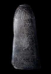Mesopotamia: kudurru in black limestone by King Marduk-sapik-zari (1082-1070 BC) (stele used as a record of donations of land made by the Kassite rulers of Babylon to family members or high dignitaries). The inscription is in cuneiform