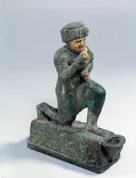 Mesopotamia: Statuette in Silver, Bronze and Gold of Kneeling Worshiper, Ex-Voto Dedicated to the God Amurru for the Life of Hammurabi