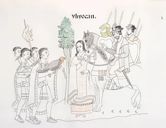 Meeting of Hernando Cortes and the Aztecs, Illustration from a Facsimile of a Mexican Indian Picture History Lienzo de Tlaxcala of c.1550, 1892