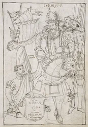 Christopher Columbus Symbolically offers the New World to Charles V, from Historia de Tlaxcala by Diego Munoz Camargo