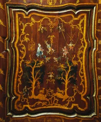 Rococo style wood linen cupboard with polychrome inlays and base