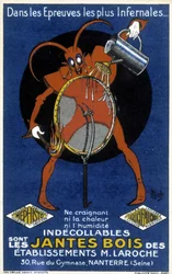 Red devil in front of a bike wheel illustrating an ad for the wooden rims of Laroche (Nanterre) establishments (engraving)