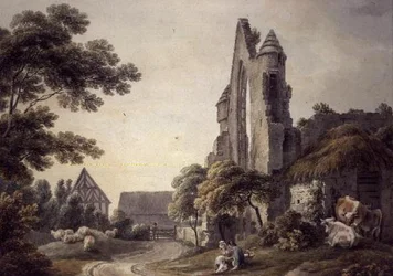 A ruined abbey near a Farmyard