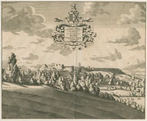 Tutbury Castle - Distant View (copper-plate engraving, c. 1686)