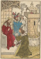 A Prince Kneels Before King Darius [Foreground] and Daniel Praying Over the Lion