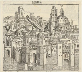 Fantasy View of the City of Marseille [recto], Three Portraits (Phereades, Pythagoras, and Sappho) [verso]