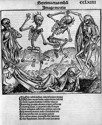 Macabre dance scene, with skeletons, -in 