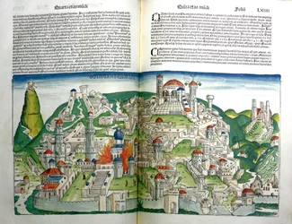 The Revolted City of Jerusalem destroyed by Emperor Titus, from the Nuremberg Chronicle by Hartmann Schedel printed in 1493