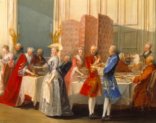 Buffet with guests next to a screen (detail)