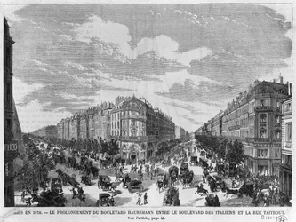 Paris in 1878, Boulevard Haussmann extended between Boulevard des Italiens and Rue Taitbout, engraved by Louis Dumont (b. 1822), late 19th century