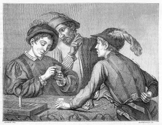 The Cheaters (engraving depicting the work of Caravaggio around 1596)