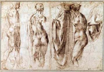 Group of four standing figures and a drape