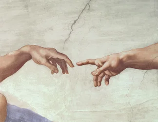 Hands of God and Adam, detail from The Creation of Adam, from the Sistine Ceiling, 1511 (pre restoration)
