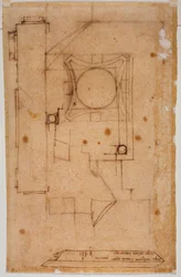 Section of capital, facade plan and sketches with autograph notations of measurements