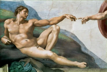 The Creation of Adam (detail) Sistine Chapel ceiling in the Vatican, 1508-1512