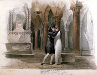 I Capuleti e i Montecchi (Les Capulet et les Montaigu) by Vincenzo Bellini, performance at the Fenice Theatre in Venice. Giuditta Pasta and Giulia Grisi performing Romeo and Juliet. Watercolour by Michele Bisi