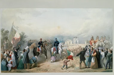Triumphal entry of King of Sardinia Vittorio Emanuele II and Napoleon III in Milan on June 8th 1859