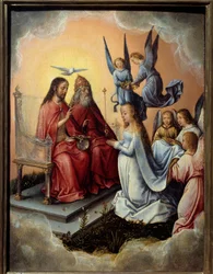 The Coronation of the Virgin. The Virgin is blessed by the Trinity (God, Christ and the Holy Spirit) above her, while angels place the crown on her head. Dutch school.