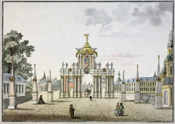The Red Gates in Moscow. Baroque triumphal arch, built in the 18th century, demolished in 1928. Work by Mikhail Ivanovich Makhaev, watercolor and ink on paper, circa 1790. Russian art
