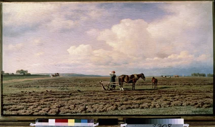 At the Field. Description of a landscape of plowed lands, with peasants and their horse-drawn plows, in the distance a carriage advances on a dirt road. Painting by Mikhail Konstantinovich Klodt