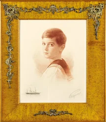 Portrait of the Successor to the Throne Tsarevich Alexei Nikolaevich of Russia with a Remark Depiction of the Imperial Yacht (Engraving by Mikhail Viktorovich)
