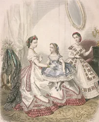 Two women and a small girl wearing the latest indoor fashions