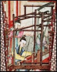 Detail from a vase depicting silk weaving