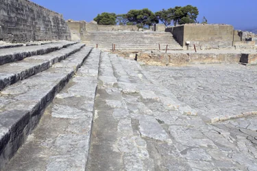 Minoan archaeological site of Phaistos. The west court and the theatral area. Large paved court in front of the facade and the central entrance of the palace (1900 -1700 BC). This court played an important part in the lives of the inhabitants.