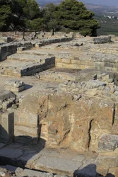 Minoan archaeological site of Phaistos. View over the North East Complex. Complex of four rooms directly adjoining the old palace. These rooms were used to store valuable ritual vessels. The famous Phaistos disc bearing hieroglyphic writing was found here.