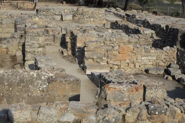Minoan archaeological site of Phaistos. View over the North East Complex. Complex of four rooms directly adjoining the old palace. These rooms were used to store valuable ritual vessels. The famous 