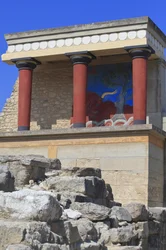 Minoan archaeological site of Knossos. North entrance, North pillar Hall. Bastion reconstructed by Arthur Evans where he put a copy of a restored relief fresco of a bull. Knossos, Crete.
