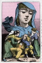 Allegory of Amnesty in the 19th century in Le Trombinoscope by Touchatout, cartoon by B. Moloch of 1882 (1849-1909). Private collection