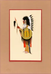 Cheyenne Warrior in Feather Headdress with Shield