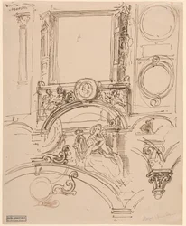Architectural Details for a Wall Decoration with Empress Maria Theresia Embracing the Young Wolfgang Amadeus Mozart, c.1864