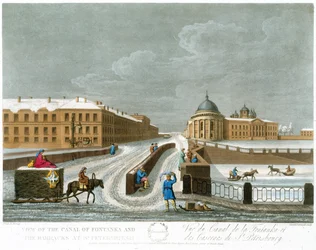 View of the Canal of Fontanka and the Barracks, illustration for November from A Year in St. Petersburg etched by John H. Clark, coloured by M. Dubourg. pub. 1815 in London by Edward Orme