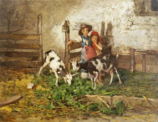 Children and Goats in a Barn