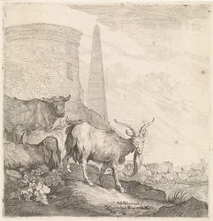 Goats and Cows by a Round Tower with an Obelisk