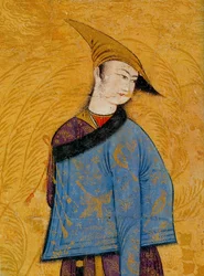 Youth wearing a short fur-lined coat over his shoulder