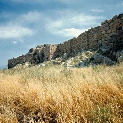 Mycenaean art: view of the ruins of the wall of the Tiryns city built around 1200 BC. Greece