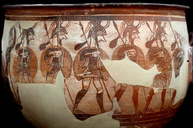 Mycenaean civilization: crater called the Warriors crater. From the grave circle A at Mycenae. 12th century BC. Athens, National Archaeological Museum.