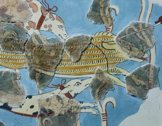 Fresco from Tirinto Palace (Greece). Detail: Group of Dogs Attacking a Wild Boar. Mycenaean Civilization