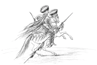 Native American male with weapons and headdress, riding a horse