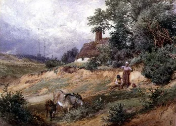 Children and Donkeys by a Heath Cottage